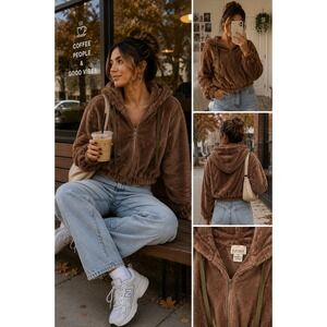 Women's Teddy Fleece Zip Up Hoodie Faux Fur Plush Cropped‎ Jacket Brown Medium